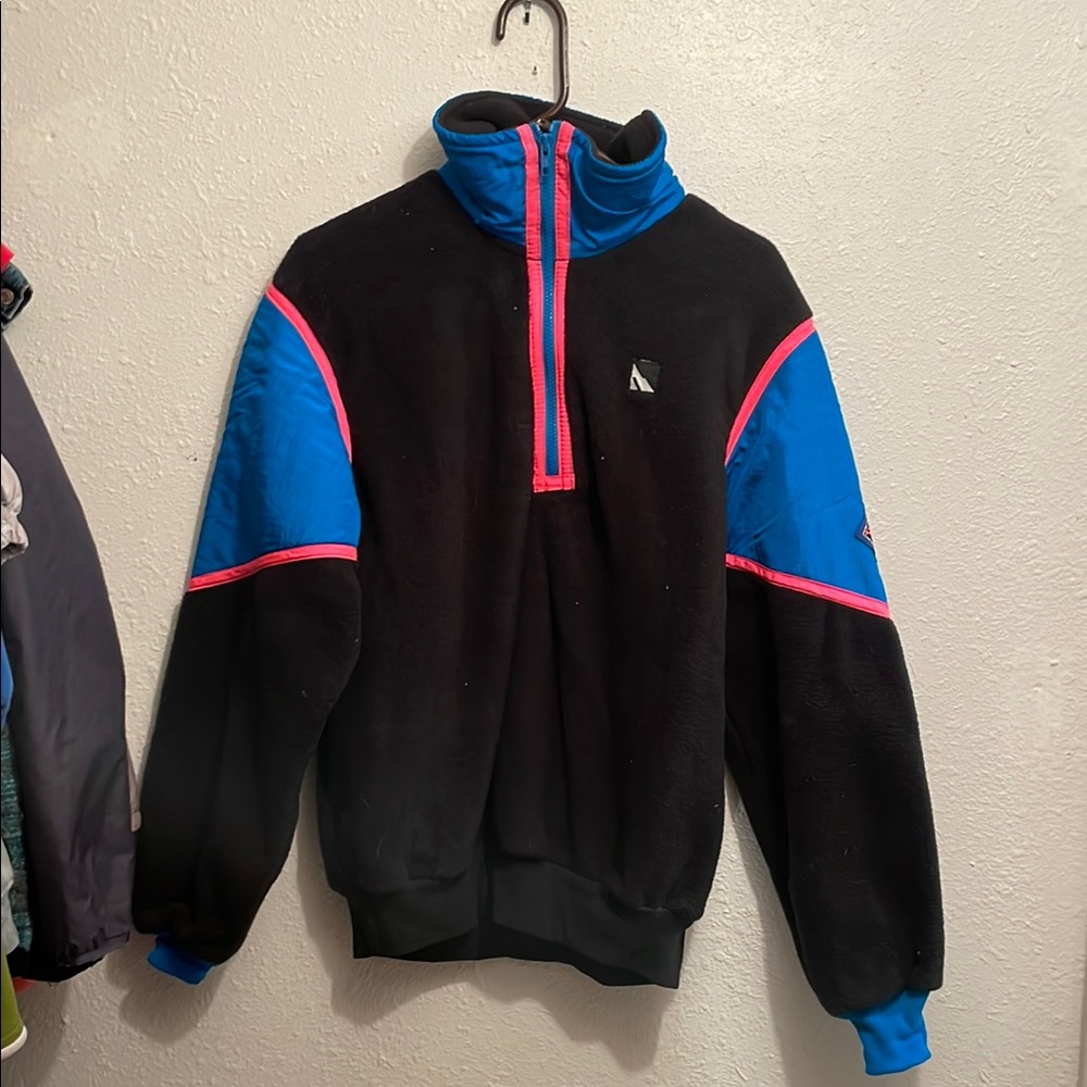 Black and Blue Zip Up Vintage Sweater with High Collar